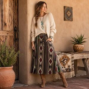 Boho Southwestern Aztec Midi Skirt Womens Size S Brown‎ Festival Western Cowgirl